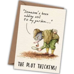 Wenskaart mol "The plot thickens"